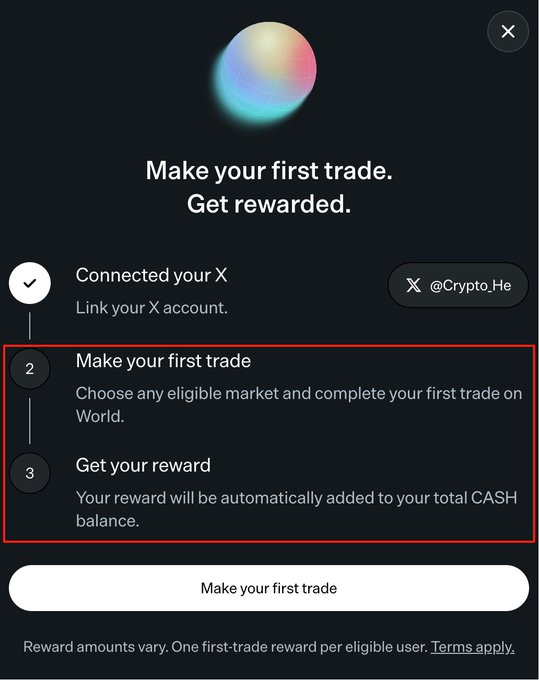 A 'world.xyz' promotional screen showing 'Make your first trade. Get rewarded' with steps to connect X account, make a first trade, and receive an automatic reward to CASH balance, highlighted by a red box around steps 2 and 3.