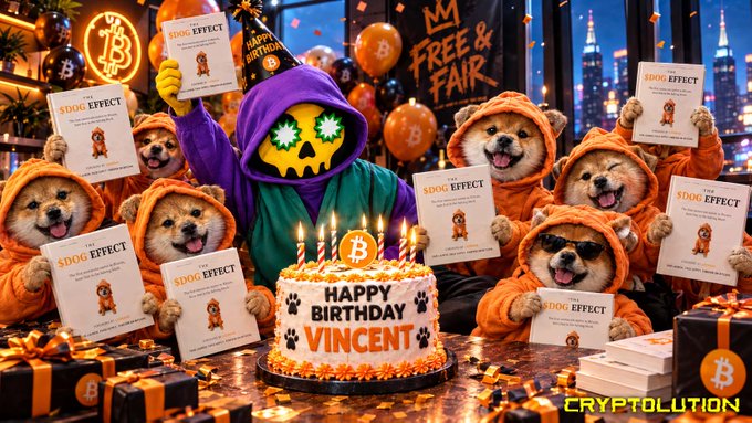 A vibrant AI-generated birthday celebration for 'VINCENT' featuring characters in doge and other cryptocurrency-themed outfits holding '$DOG EFFECT' certificates around a 'HAPPY BIRTHDAY' cake, branded with 'CRYPTOLUTION'.