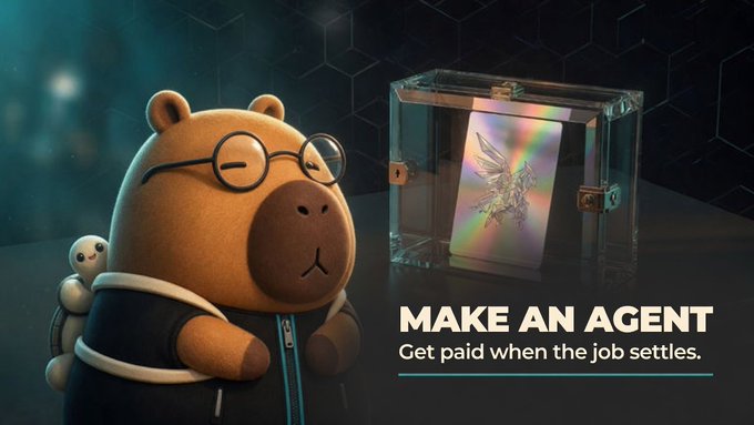 A 3D-rendered advertisement featuring a bespectacled capybara in a hoodie next to a display case with a holographic card, promoting 'MAKE AN AGENT - Get paid when the job settles.'