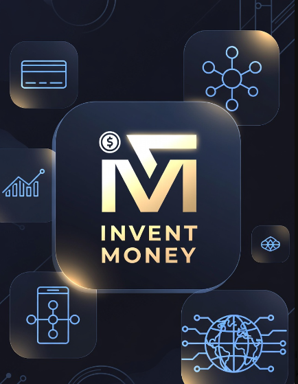 irt "Invent Money" logo, accompanied by blue and white icons representing financial concepts such as a credit card, stock market graph, and globe.