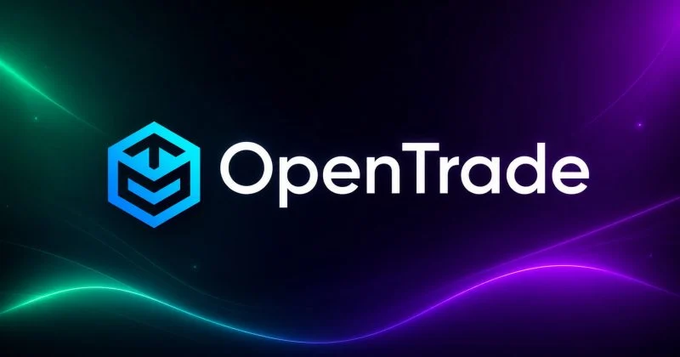 The image displays the "OpenTrade" logo—a blue hexagonal icon next to white text—set against a dark background with green and purple neon light streaks. While the post discusses cross-chain TRON developments by Symbiosis Finance, the image itself appears unrelated, showing only the OpenTrade branding without any connection to the text content.