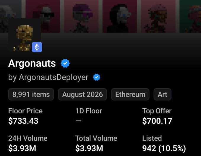 An NFT collection page shows 'Argonauts by ArgonautsDeployer' with 8,991 items on Ethereum, featuring a Floor Price of $733.43, a Top Offer of $700.17, and a 24H Volume of $3.93M.