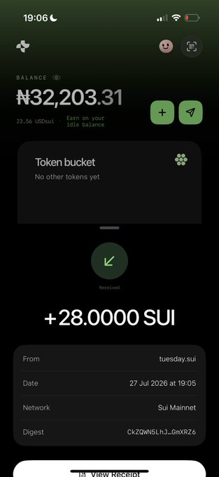 A mobile screenshot of a crypto wallet app showing a balance of '₦32,203.31' and a recent transaction receipt of '+28.0000 SUI' received from 'tuesday.sui' on Sui Mainnet.