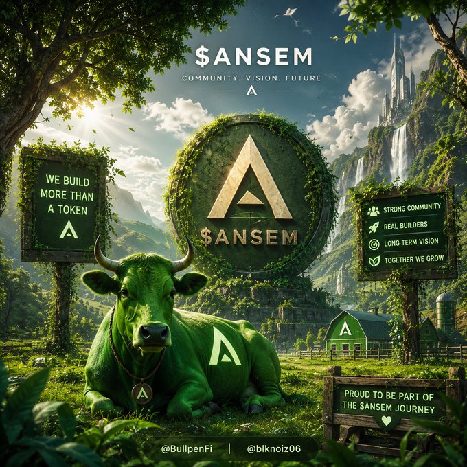 A promotional image for the '$ANSEM' cryptocurrency with the tagline 'COMMUNITY. VISION. FUTURE.', depicting a green cow with an 'A' symbol on its side, set in a lush landscape with waterfalls and the text 'WE BUILD MORE THAN A TOKEN' and '@BullpenFi | @blknoiz06'.