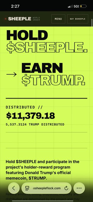 A mobile screenshot from sheeplflock.com showing a page titled 'HOLD $SHEEPLE. EARN $TRUMP.' with a distributed total of $11,379.18 and 5,537.3124 TRUMP distributed.