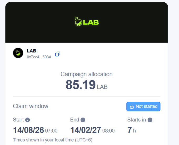 A webpage for a token called LAB, showing a campaign allocation of 85.19 LAB, with a claim window from 14/08/26 to 14/02/27 and a 'Not started' status indicator.
