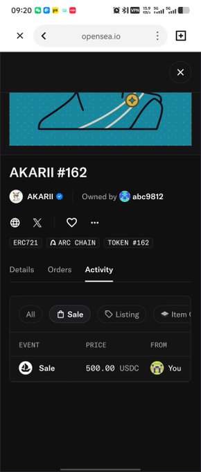 A screenshot of an OpenSea listing for AKARII #162 showing a sale activity for 500.00 USDC.