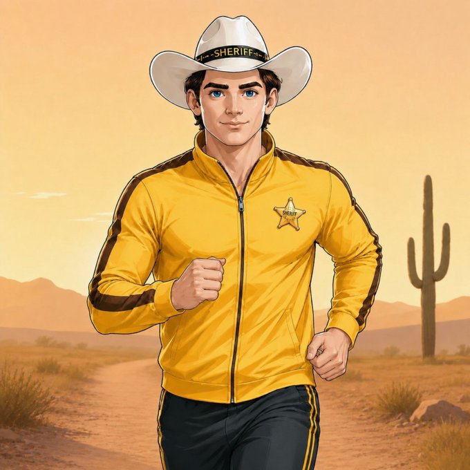 A cartoon sheriff wearing a white cowboy hat labeled "SHERIFF" and a yellow track jacket with a star badge runs through a desert landscape with a saguaro cactus at sunset, embodying the energetic "have a good weekend" spirit of the post.