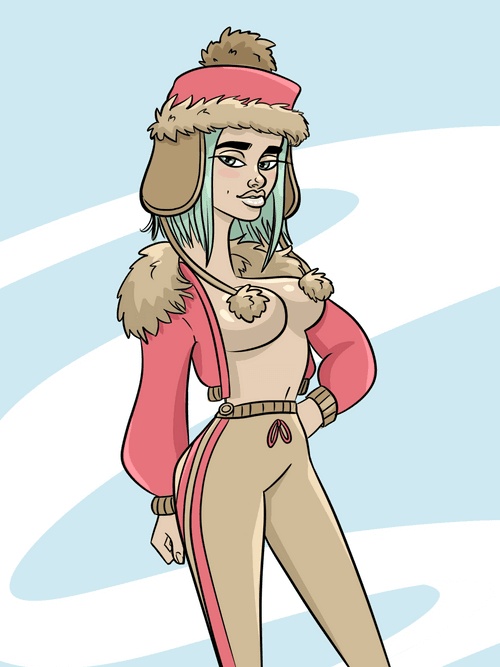 A digital illustration of a cartoon female character wearing a pink and tan winter outfit with earmuffs. This artwork represents the NFT "HunnyVixen" mentioned in the accompanying post.