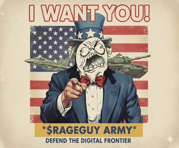 A parody of the 'I Want You!' recruitment poster featuring an angry cartoon face in an Uncle Sam hat with the text '$RAGEGUY ARMY: DEFEND THE DIGITAL FRONTIER'.