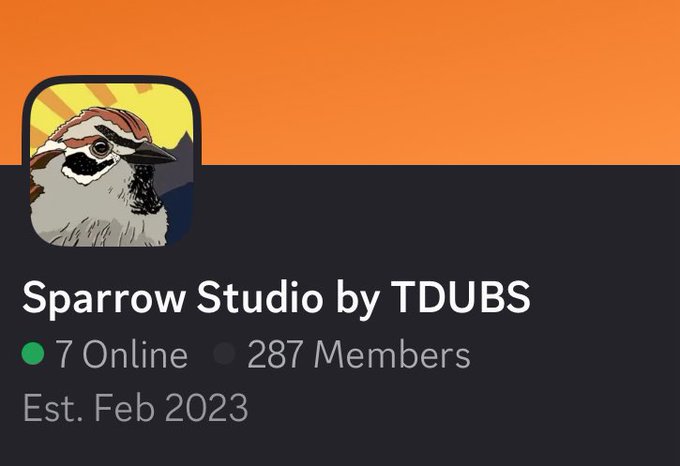 A Discord-like community header for "Sparrow Studio by TDUBS" featuring a sparrow bird icon on an orange background, showing 7 Online, 287 Members, Est. Feb 2023.
