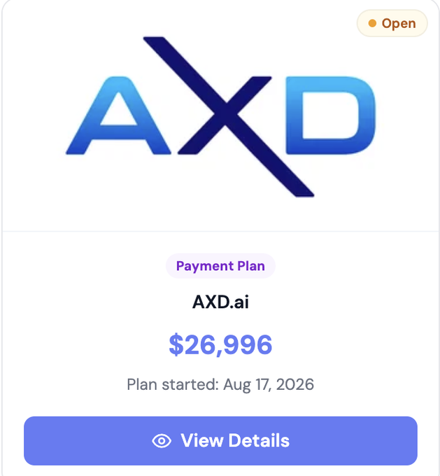 An AXD.ai subscription card displayed in an "Open" status, showing a "Payment Plan" priced at $26,996 with a start date of Aug 17, 2026 and a "View Details" button. The image relates to the post by illustrating the payment plan cost associated with the 12-month LTO (Lifetime/Long-Term Offer) through AtomHQ.