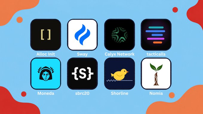 A grid of eight app icons including Alloc Init, Sway, Calyx Network, tacticalls, Moneda, sbrc20, Shortline, and Nomia displayed on a colorful blue and red background.