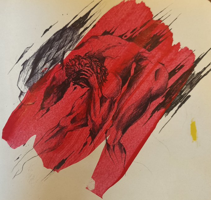 An expressive sketch on paper featuring a figure drawn in black ink over a bold wash of red paint, with dynamic, streaky brushstrokes.