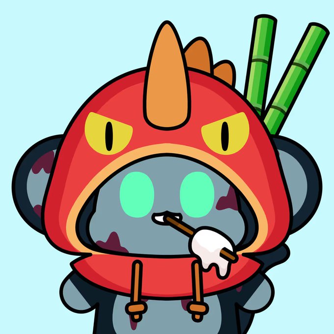 A cartoon character wears a red dinosaur-themed hood with yellow eyes and green bamboo-like spikes on top, featuring glowing teal eyes and a small white object in its mouth.