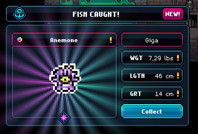 A pixel-art game screen titled 'FISH CAUGHT!' displays a new catch named 'Anemone' weighing 7.29 lbs and measuring 46 cm, labeled 'Giga'.