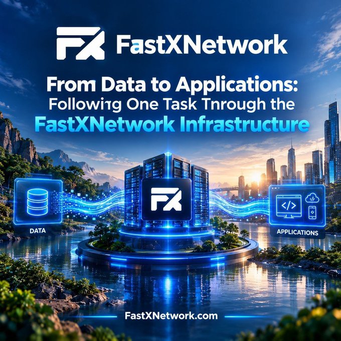 The image is a promotional graphic for FastXNetwork, featuring the headline "From Data to Applications: Following One Task Through the FastXNetwork Infrastructure," with visuals showing data flowing through a central FX hub to applications, complementing the post's discussion of tracing AI tasks across data, knowledge, and processing layers.