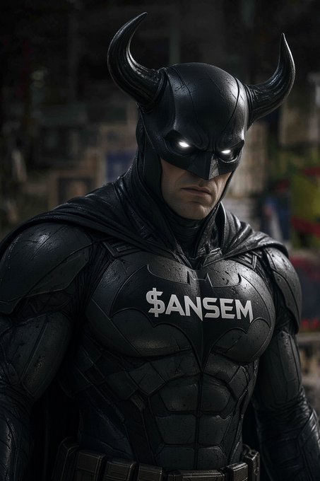A dark, cinematic rendering of a Batman-like figure in armored suit with horns, featuring '$ANSEM' written across the chest.