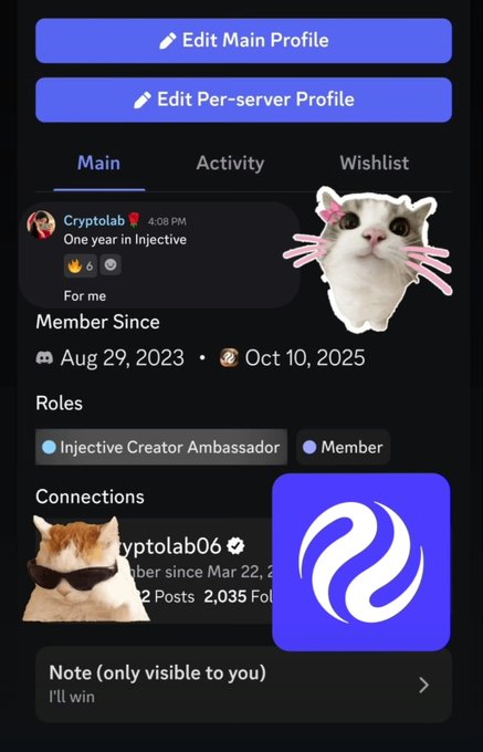 A mobile app interface displays a user profile for 'Cryptolab', featuring an 'Injective Creator Ambassador' role, decorative cat stickers, and the Injective logo.