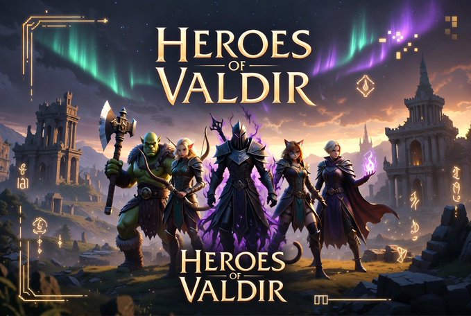 A fantasy video game promotional artwork titled 'Heroes of Valdir' showing five warrior characters including an orc, an elf, and armored heroes standing before ancient ruins under a sky filled with green and purple auroras.