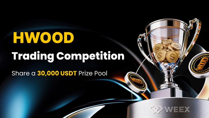 Promotional banner for the "HWOOD Trading Competition" hosted by WEEX, featuring a silver trophy filled with gold coins and WEEX-branded tokens, advertising a 30,000 USDT prize pool for users who trade the HWOOD token during the event period.