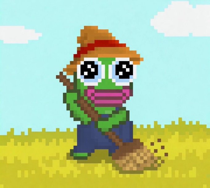 The image features a cartoon character, possibly a frog or a gecko, wearing a hat and holding a broom while standing in a field of grass. The character appears to be engaged in some sort of activity related to cleaning or sweeping. In the background, there are two more characters - one is a person with a stick, and the other is a rock. These additional elements contribute to the overall scene and provide context for the cartoon character's actions.