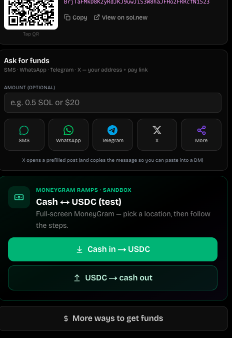 A dark-themed digital wallet interface shows a QR code, options to 'Ask for funds' via SMS, WhatsApp, Telegram, X, and a 'MONEYGRAM RAMPS' section to convert cash to USDC.