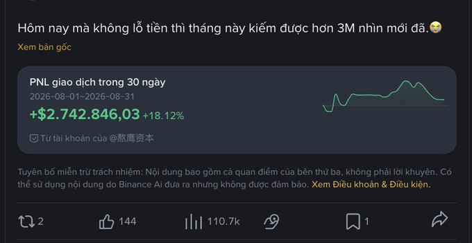 A social media post in Vietnamese about PNL trading showing a 30-day gain of +$2,742,846.03 (+18.12%) with a price chart.