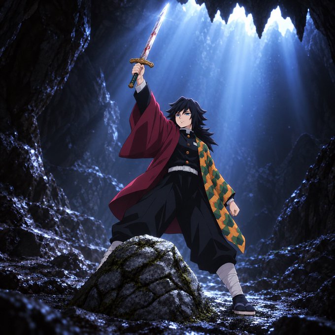 An anime-style illustration of a swordsman in a red and green checkered haori standing on a rock in a cave, holding a blood-stained sword towards a beam of light.