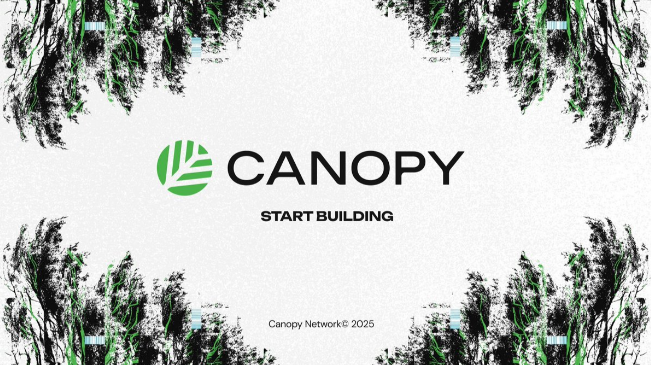 A web page header for 'CANOPY' with the tagline 'START BUILDING' features a green geometric leaf-like logo, set against a white background with black and green grunge-style borders, dated 'Canopy Network© 2025'.