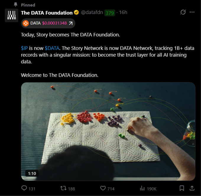 The image shows a pinned tweet from "The DATA Foundation" (@datafdn) announcing the rebranding of Story to The DATA Foundation, with $IP now becoming $DATA, positioned as "the trust layer for all AI training data" tracking 1B+ data records.

The tweet's video shows a hand connecting colorful pins on a woven board with string, visually illustrating the "network" concept referenced in the post about Story Network becoming DATA Network.