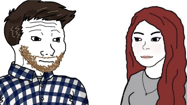 A crudely drawn cartoon-style illustration shows a bearded man in a checkered shirt looking at a red-haired woman with a neutral expression. The image humorously matches the post's deadpan exchange, capturing the unimpressed "Mm" reaction to an exciting mathematical breakthrough.