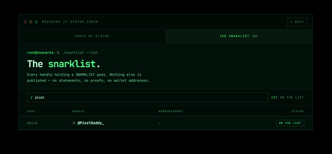 The image shows a terminal-style interface displaying "THE SNARKLIST 121" registry, indicating that user "PixelDaddy_" (handle "x @PixelDaddy_") has been successfully added to the list, as shown by the "ON THE LIST" status. This corresponds to the accompanying post celebrating making it onto the @zksnarks_ list of 121 selected applicants, with the screen serving as visual proof of inclusion in this exclusive group.