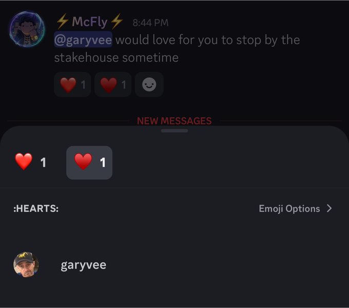 A Discord message screenshot where McFly tags @garyvee inviting him to the stakehouse, with garyvee sending heart emoji reactions.