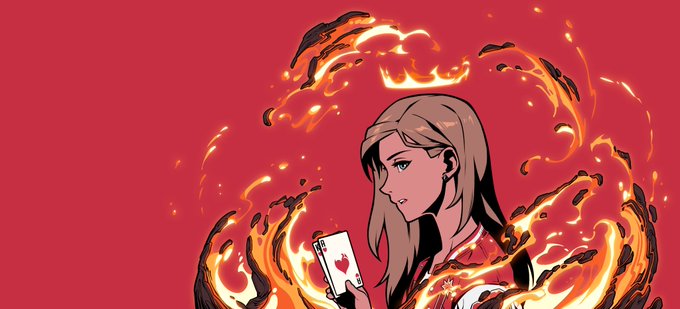 The image features a woman with long hair, dressed in a white shirt, holding a deck of cards. The background is red, which appears to be a fire or flames. The caption below the image reads "Starting off this Full View Friday with recent acquisitions of my two favorite projects. Both @KPRVERSE and @Azuki have been focused on building quality products and don' get enough recognition for what they have continually built."