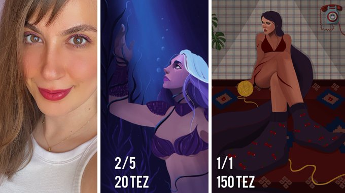 A woman with long brown hair smiles in a selfie next to two digital art pieces labeled "2/5 20 TEZ" (a blue-toned underwater mermaid) and "1/1 150 TEZ" (a seated woman in red lingerie on a bed with yarn), illustrating a playful "Me vs Available Art" Tezos Tuesday showcase of her digital collection.