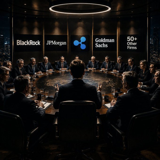 A boardroom meeting with executives seated around a large table, with signs for BlackRock, JPMorgan, Ripple, Goldman Sachs, and 50+ Other Firms visible on the wall behind them.