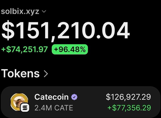 A screenshot of a wallet tracker showing solbix.xyz with a total balance of $151,210.04 (+$74,251.97, +96.48%), with the largest holding being 2.4M Catecoin (CATE) valued at $126,927.29 (+$77,356.29), illustrating the post's claim of turning a $27,100 investment into over $129,000 in profit.