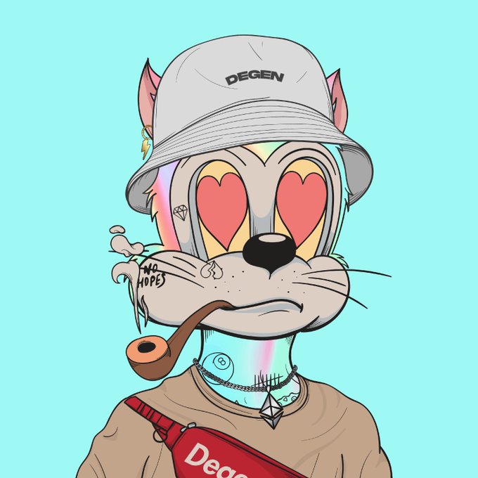 The image features a cartoon cat wearing a hat, smoking a pipe, and holding a red bag with "DegenToonz" written on it. The cat appears to be wearing a necklace and has tattoos on its neck and chest area. The background of the image is blue, which contrasts nicely with the white hat worn by the cat. There are also some words visible in the image that seem to be related to the post "Some people like NFTs but I love @DegenToonz".