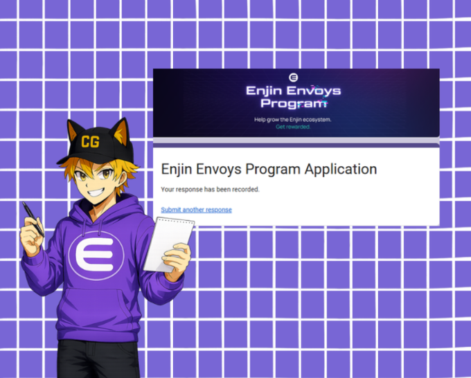An anime-style character with a 'CG' cap and purple hoodie stands beside a form titled 'Enjin Envoys Program Application' showing 'Your response has been recorded.'