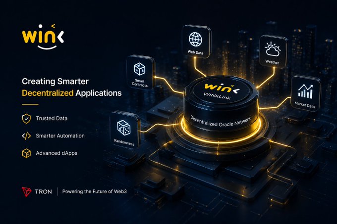 A promotional graphic for 'WIN' / 'WINLINK' describing itself as a 'Decentralized Oracle Network' for 'Creating Smarter Decentralized Applications' with features like Web Data, Weather, Smart Contracts, Market Data, and Randomness, powered by TRON.