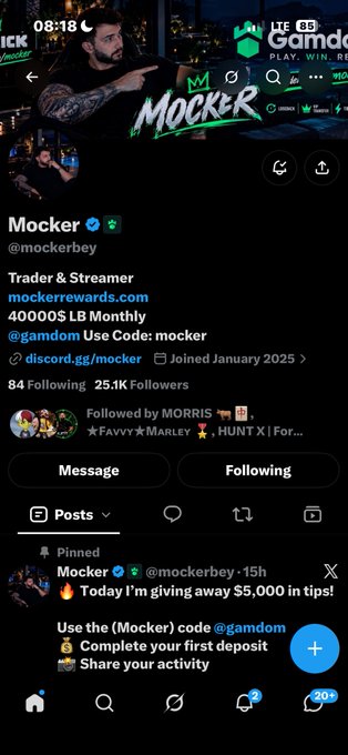 An X/Twitter profile screenshot for the gambling streamer 'Mocker' (@mockerbey), featuring a pinned post about a '$5,000 in tips' giveaway using code 'mocker' on @gamdom.
