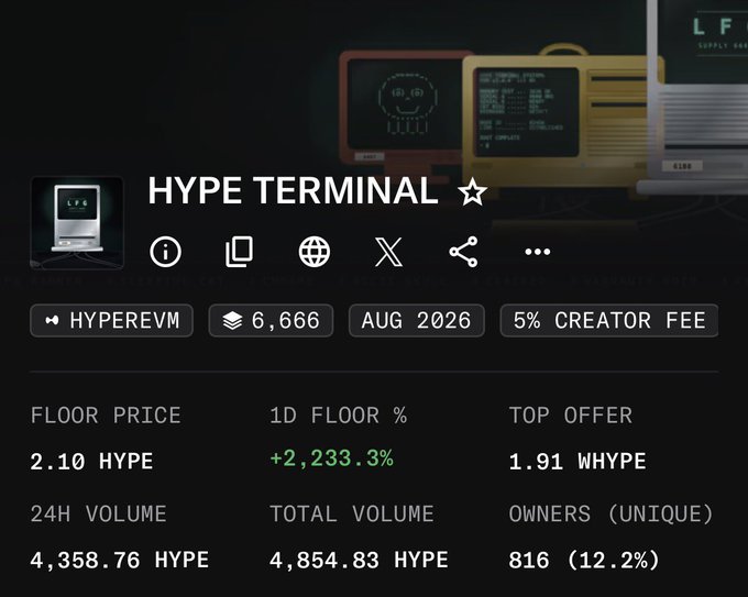 A trading dashboard for an NFT collection called "HYPE TERMINAL" on HyperEVM, showing a floor price of 2.10 HYPE, 24H volume of 4,358.76 HYPE, and a 1D floor increase of +2,233.3%.