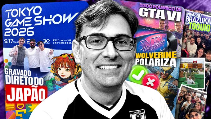 A YouTube thumbnail featuring a smiling man in glasses, surrounded by various gaming clips and text including 'TOKYO GAME SHOW 2026', 'GRAVADO DIRETO DO JAPÃO', 'DISCO POLÊMICO DE GTA VI', and 'INVASÃO BRAZUKA NO TOQUIO'.