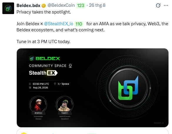 A X (Twitter) post from @BeldexCoin promoting an AMA collaboration with @StealthEX_io at 3 PM UTC about privacy and Web3, featuring a graphic for the 'BELDEX COMMUNITY SPACE StealthEX' event on Aug 26, 2026.