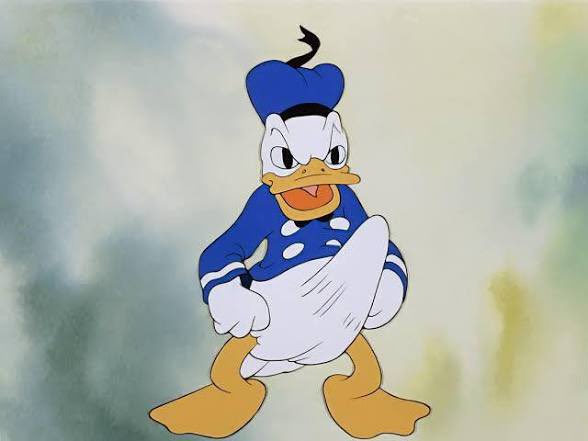 A classic cartoon image of Donald Duck in his blue sailor outfit standing with his hands on his hips against a cloudy sky background.