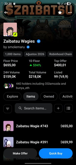 A mobile screenshot of the OpenSea NFT marketplace showing the 'Zaibatsu Wagies' collection by smolemaru, displaying a floor price of $655.00, 24H volume of $159.0K, and 99% listed.