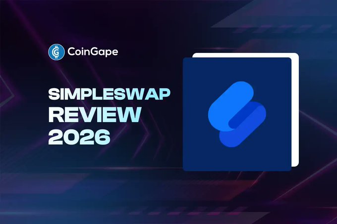 The image is a CoinGape promotional graphic for a "SimpleSwap Review 2026," featuring the CoinGape logo and SimpleSwap's distinctive blue rounded logo against a dark, futuristic purple background. It serves as the featured image for an article reviewing SimpleSwap's mechanics, including its 20+ liquidity providers and self-custodial exchange setup.