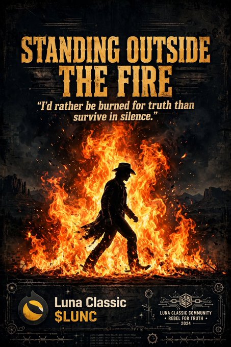 A poster titled 'Standing Outside The Fire' featuring a silhouette of a cowboy walking through flames with the quote 'I'd rather be burned for truth than survive in silence,' promoting Luna Classic $LUNC and the 'Luna Classic Community - Rebel for Truth 2024.'