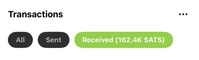 A mobile app screen shows a 'Transactions' header with filter buttons for 'All', 'Sent', and a selected green button for 'Received (162.4K SATS)'.